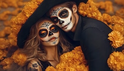 Couple with calavera makeup and cempas�chil flowers