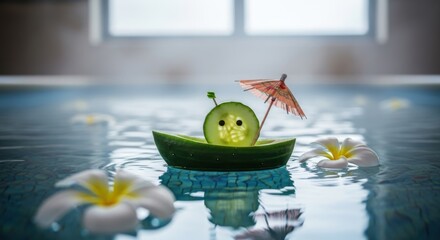 Cucumber Boat Sailing in a Pool with Frangipani Flowers