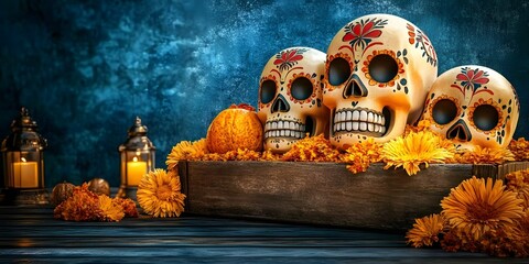 Day of the Dead decorations on dark blue background