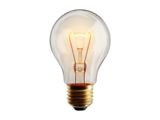 Glowing filament inside clear glass bulb with brass base light, Isolated, Png Transparent Background
