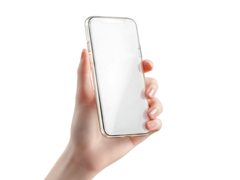 Hand holding transparent smartphone with white screen image, Isolated, Png Transparent Background
