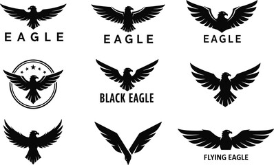 Black eagle silhouette logo collection, flying eagle design set, vector bird icon, powerful wings illustration, freedom symbol, strong animal art