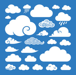 Decorative and Weather Cloud Silhouette Icons Set. Sky, Rain, Wind, and Traditional Asian Style Graphics.