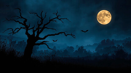 Fototapeta premium Spooky halloween background with silhouette dead tree at night full moon