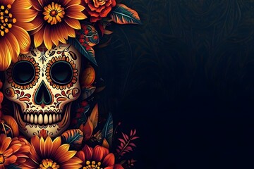 Festive Dia de los Muertos background with flowers and sugar skulls