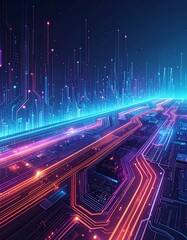 Digital Pathways: A mesmerizing perspective of digital pathways illuminated with vibrant hues of blue, purple, and orange, creating a modern and advanced landscape.