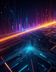 Cybernetic Vista: An abstract view of intricate circuit boards and flowing data streams evokes the complexities of advanced technology, with a dynamic play of light and vibrant color gradients.