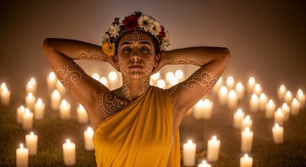 Serene Yellow-Clad Figure Amid Candles in a Mystical Night Setting
