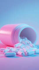 Spilled pill bottle with capsules on colorful reflective surface. 
