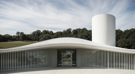 Sweeping Modern Structure with Curved Roof and Cylindrical Tower in Natural Setting
