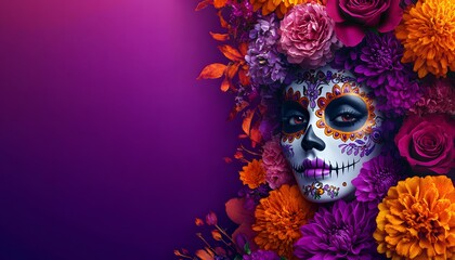 Dia de los Muertos Catrina mask with dahlias, roses, marigolds
