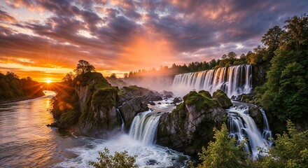 A Majestic Waterfall Beneath Fiery Sunset Sky
