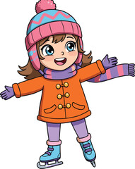 Happy cute girl ice skating, winter activity cartoon, child wearing hat scarf gloves, outdoor fun holiday season illustration, playful character design