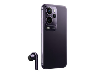 Fototapeta premium Dark purple, high-end modern smartphone with triple-lens camera, LiDAR, and wireless earbud, isolated on a solid transparent background. Concept of technological elegance.