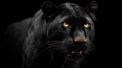 Close-up of a black panther against a stark black background, its piercing golden eyes and sharp teeth prominent, showcasing its powerful and majestic presence