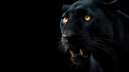 Close-up of a panther's face with bright golden eyes against a stark black background