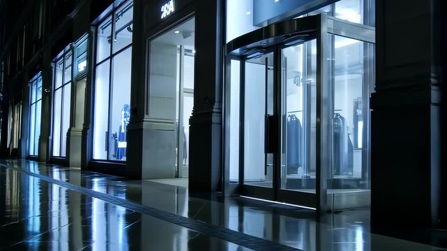 Modern Storefront at Night After Rain with Revolving Door