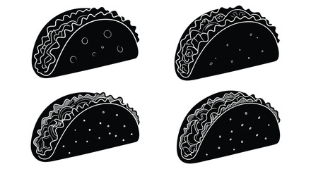Four black and white illustrations of delicious tacos simple graphic design