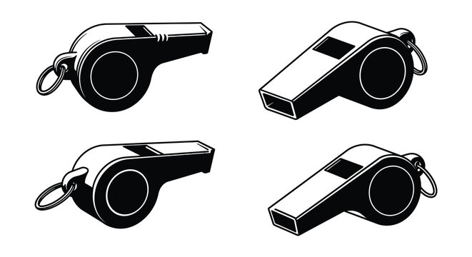 Four black and white illustrations of sports whistles with lanyards displayed