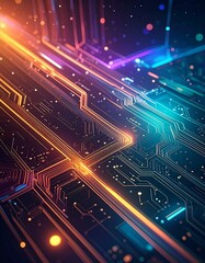 Digital Circuitry's Symphony: A close-up of intricate circuit board patterns, rendered in vivid hues, representing the cutting edge of digital design and technological advancement.