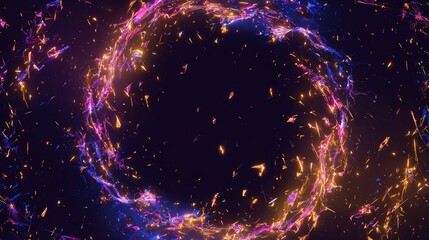 Vibrant cosmic vortex with swirling energy, particles and central dark void. Glowing purple and gold