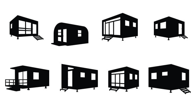 Collection of simple black silhouette illustrations depicting various tiny house designs