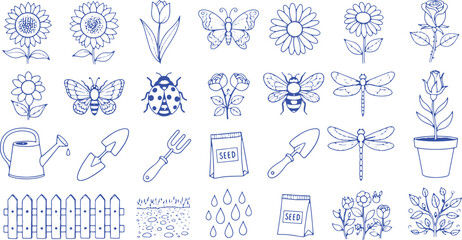 Hand Drawn Garden And Nature Elements Collection With Soil sunflower tulip