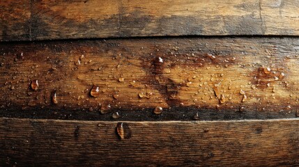 Naklejka premium Professional old oak beer barrel background, rustic wooden texture with visible grain and aging marks, subtle condensation and droplets, warm golden amber tones, soft natural or studio lighting.