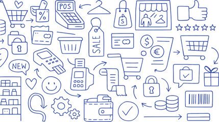 Shopping and Retail Icons Doodle Set on White Background commerce sale