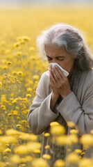 Elderly woman sneezing in dandelion field, suffering from allergy. 
