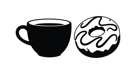 A simple black and white illustration of coffee and a frosted donut