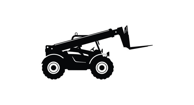 Silhouette of a black telehandler against a plain white background