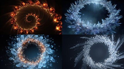 Four animated abstract wreaths fiery gems spiral, icy crystals sparkle, blended fire & ice, translucent shapes