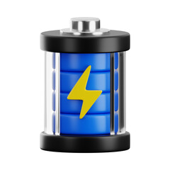 3D Battery Icon with Transparent Casing, Blue Charge Segments, and Yellow Lightning Bolt
