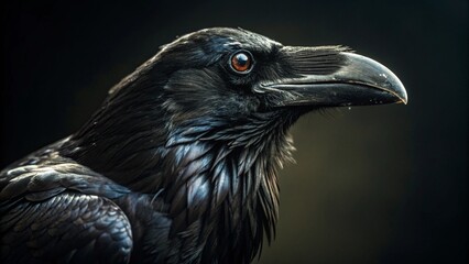 Close Up of Wild Raven in Studio Setting with Dramatic Dark Lighting and Detailed Feathers