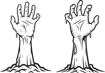 Two Black and White Illustrations of Zombie Hands Emerging from Ground rising