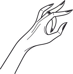 Elegant female hand with long nails and a ring isolated on white background graceful hand gesture in a minimalist line art style