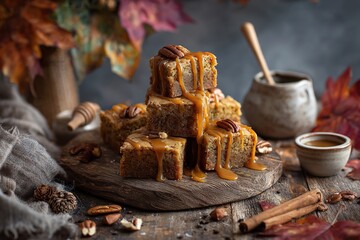 Maple pecan blondies stacked neatly on a wooden board, styled with caramel drizzle and cozy autumn props.