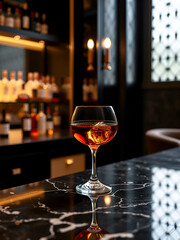 Sleek Modern Brandy Snifter on Black Marble Counter with Elegant Lighting