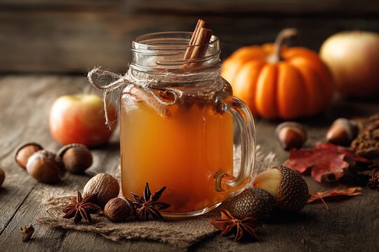 Hot apple cider served in a mason jar with cinnamon sticks and star anise, surrounded by acorns and pumpkins. - Powered by Adobe