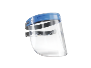 Clear face shield with blue headband and adjustable straps plastic protective, Isolated, Png Transparent Background