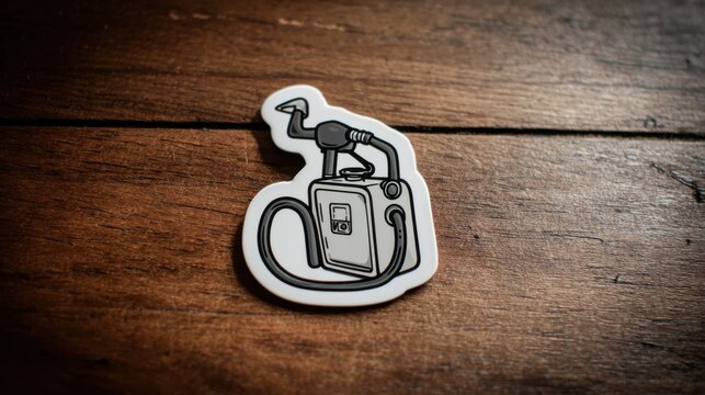A detailed vintage gas pump sticker rests on a wooden surface, highlighting its design and craftsmanship in a warm, inviting setting.