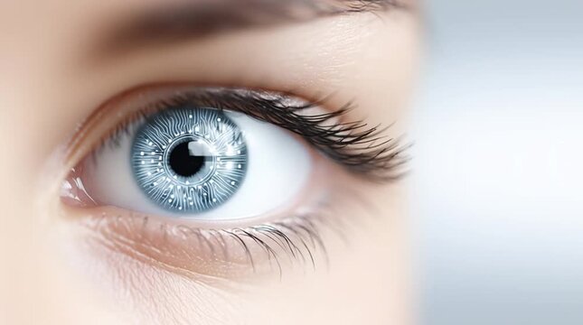 Close up human eye blue iris with digital circuit pattern showcasing futuristic technology innovation and captivating vision close up skin eyelashes