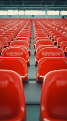Naklejka premium Rows of empty red stadium seats in perspective. 