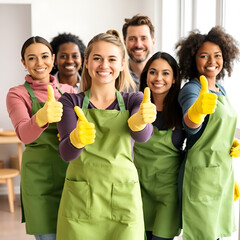 Smiling multiracial housekeepers in green apron and yellow gloves showing thumbs up at work. Happy professional cleaner team gesturing on camera at bright room.