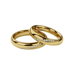 Pair of Gold Wedding Rings with Diamonds Isolated on White
