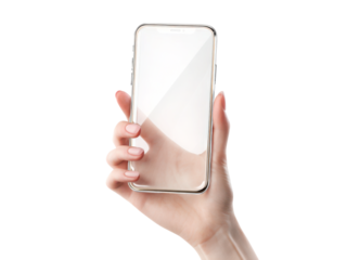 Woman holding transparent smartphone device hand, Isolated, Png Transparent Background