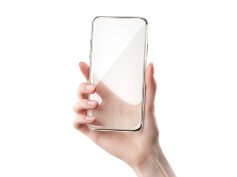 Woman holding transparent smartphone device hand, Isolated, Png Transparent Background