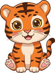 Cartoon baby tiger illustration, cute orange cub with black stripes, big eyes, sitting pose, children’s character, vector animal drawing