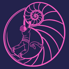 Vector art of a child reaches for the center of a nautilus shell, symbolizing the pursuit of inner peace and selfdiscovery, set against a dark blue backdrop, evoking a sense of wonder and exploration
